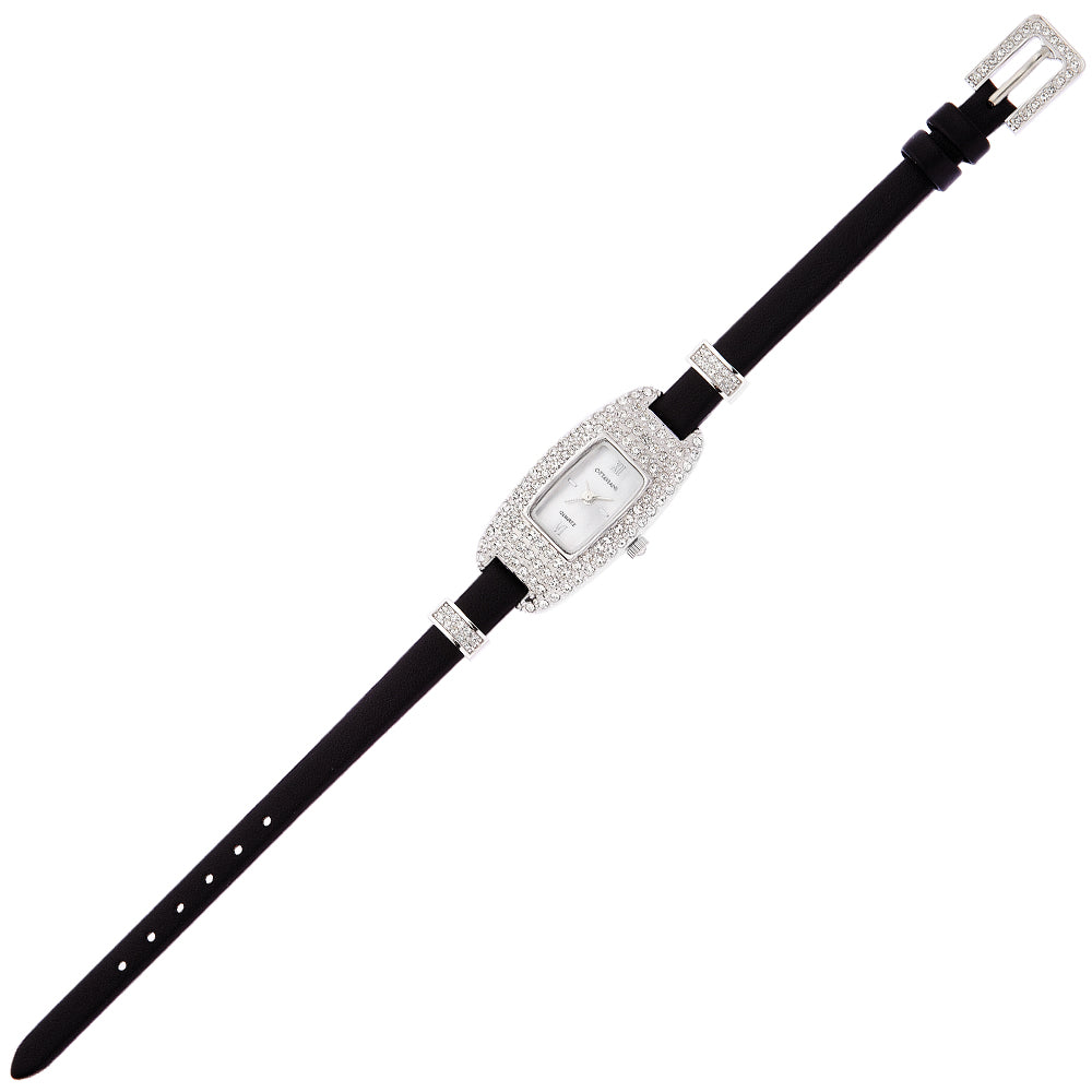QUARZO METALLO CON STRASS E PELLE NERA