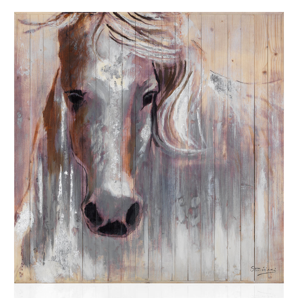QUADRO "CAVALLO BIANCO"IN LEGNO C/FARG.100X100