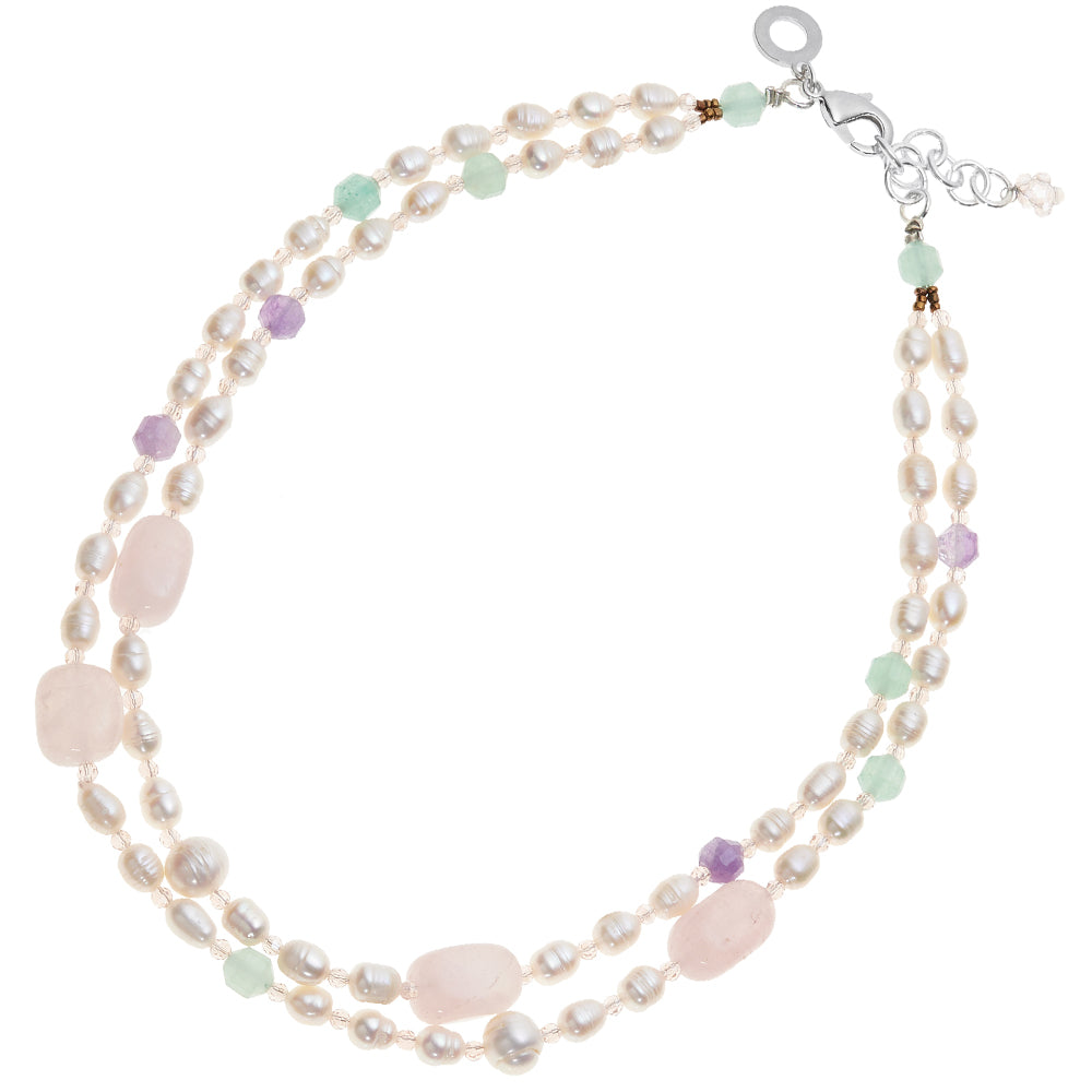COLLANA CON PERLE QUARZO ACQUAMARINA E CAROITE
