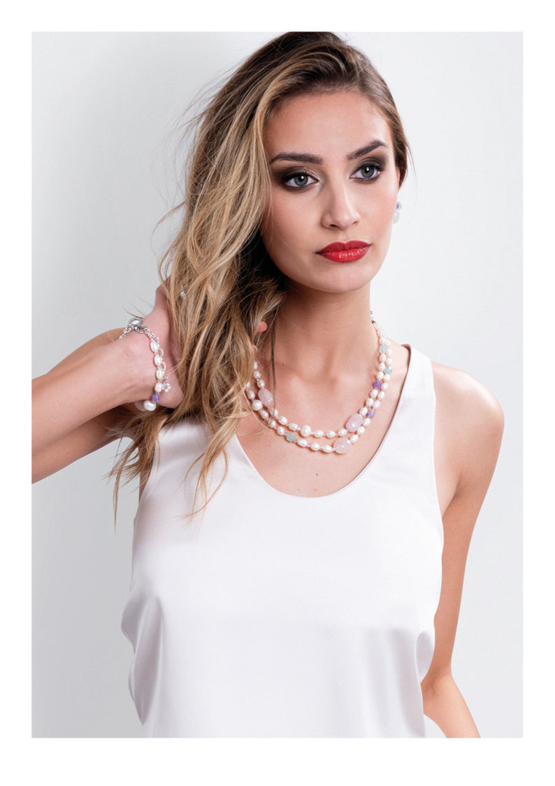 COLLANA CON PERLE QUARZO ACQUAMARINA E CAROITE