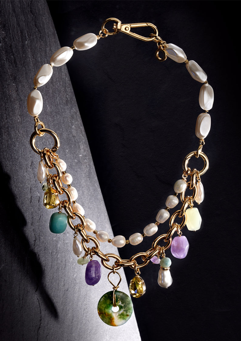 COLLANA CON PERLE BIJOUX,QUARZI,RESINE E CRIST