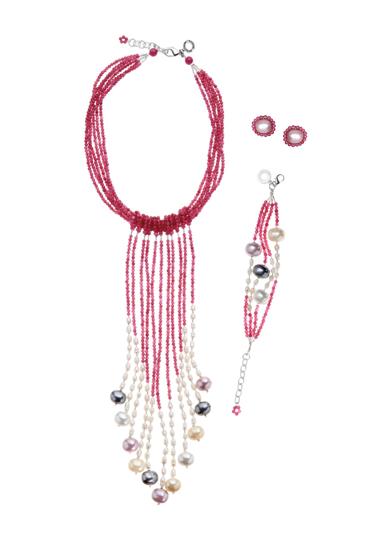 COLLANA CON AGATA, CRISTALLI E PERLE