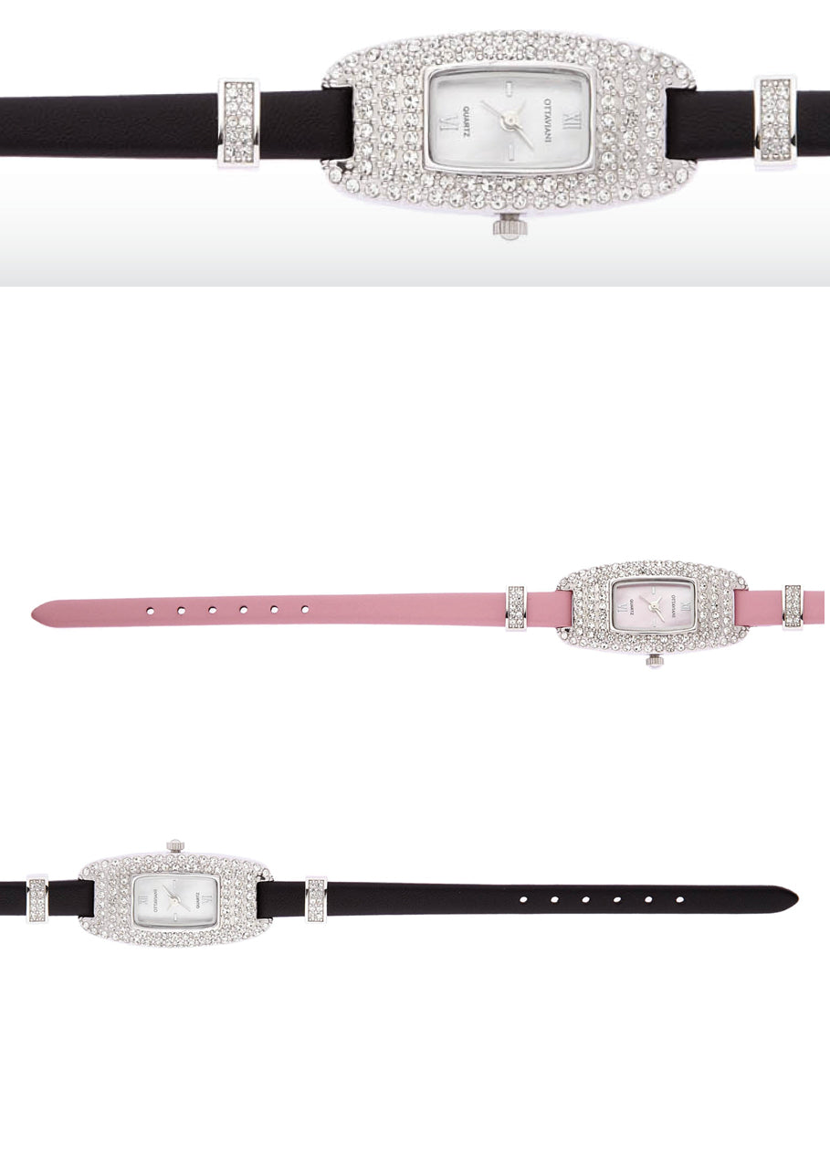 QUARZO METALLO CON STRASS E PELLE NERA